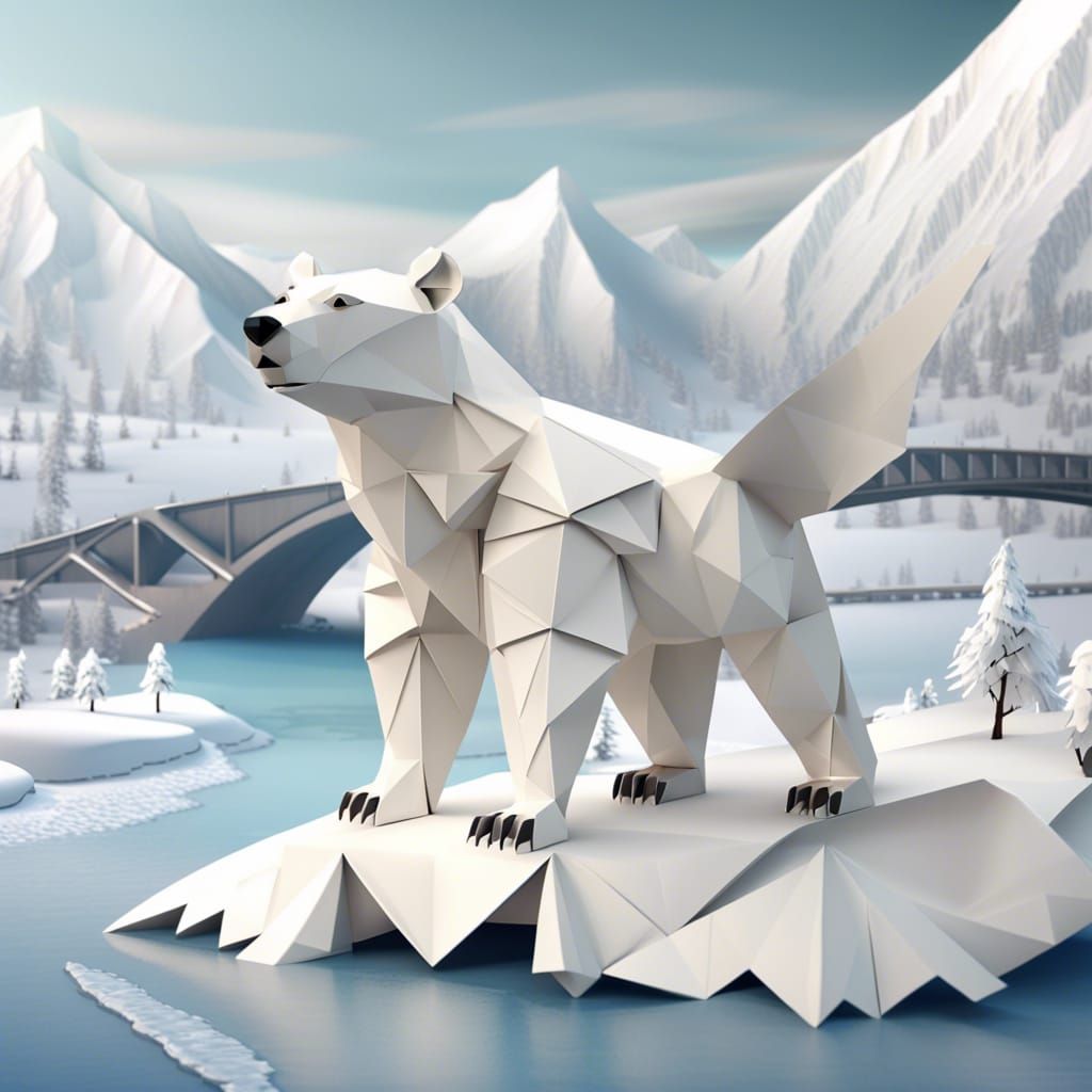 Origami, Winged Polar Bear, Winter Mountains, River and Brid...