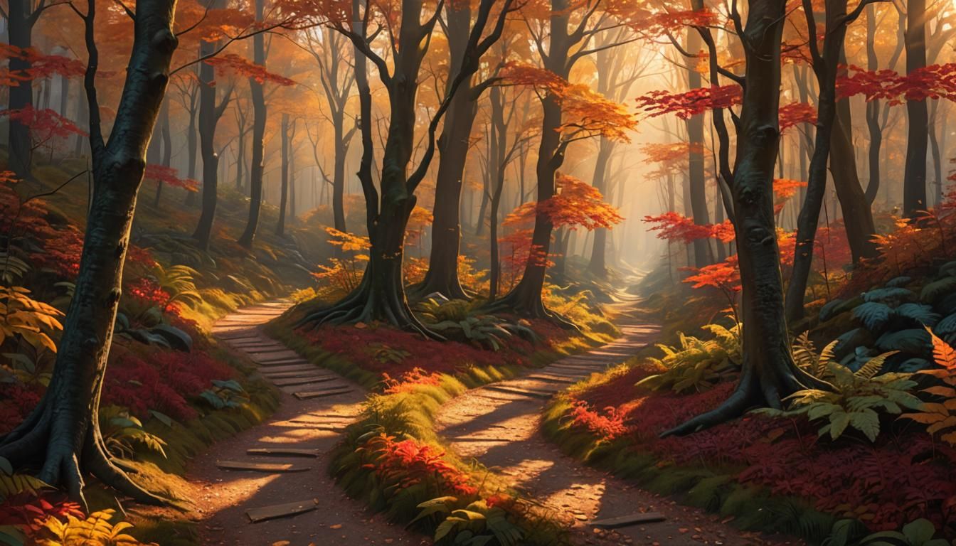 Autumn Forest Path in Golden Light, Digital Art