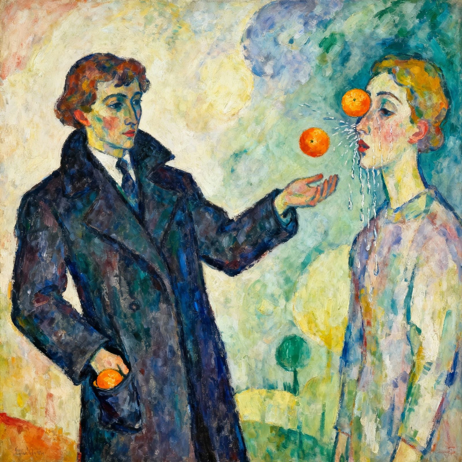 Dreamlike Scene: Tangerines on Wet Face, Expressive Style