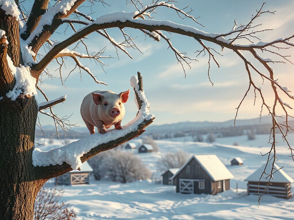 Pig on Snowy Branch Overlooking Winter Farm