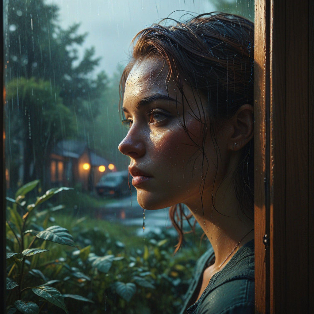 Women Reflect in Rainy Window, Wood Frame, Epic Cinematic