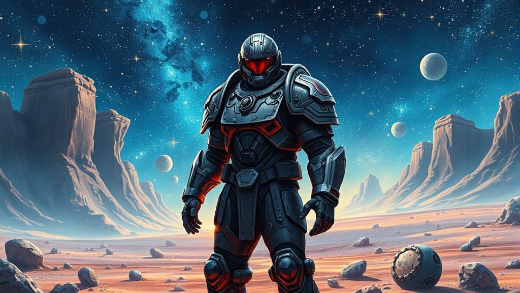 Surreal Spacemarine in Ornate Power Armor, Under Glittering ...