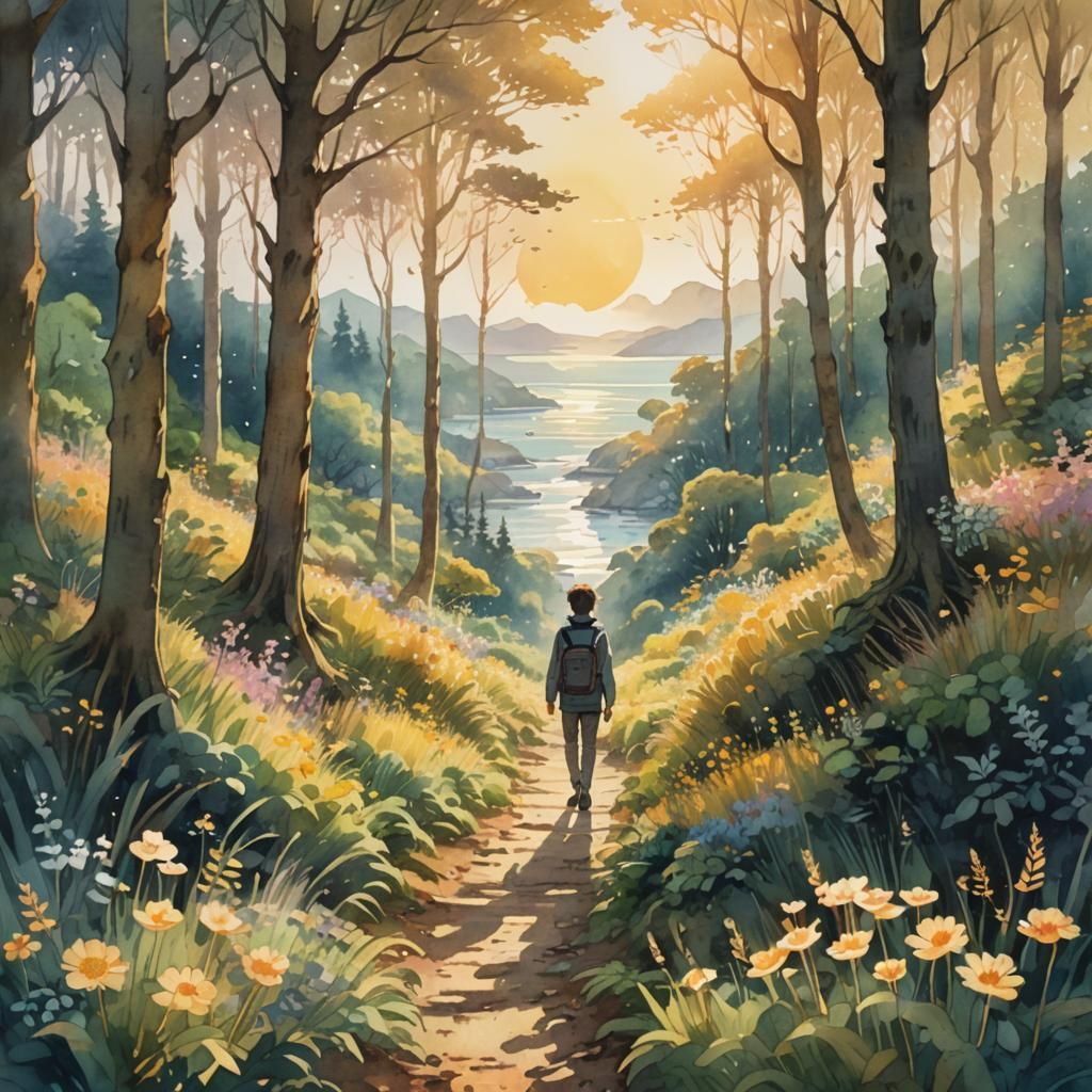 Idyllic Anime Forest Scene in Watercolor Style