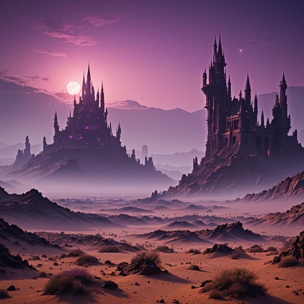 Desert Sci-Fi Castle Towers in Purple Fog