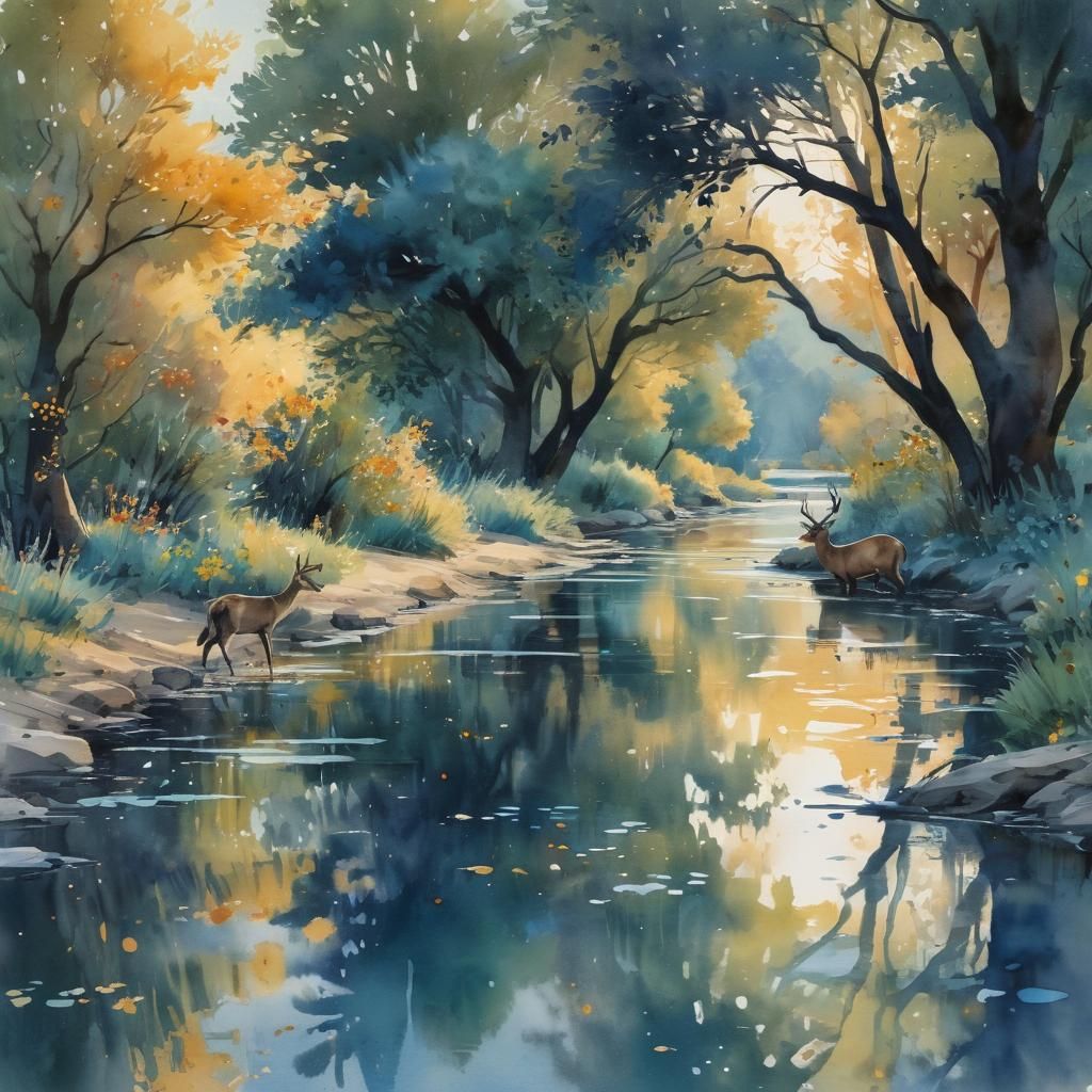 Dusk River Scene with Deer in Ink Splash Art