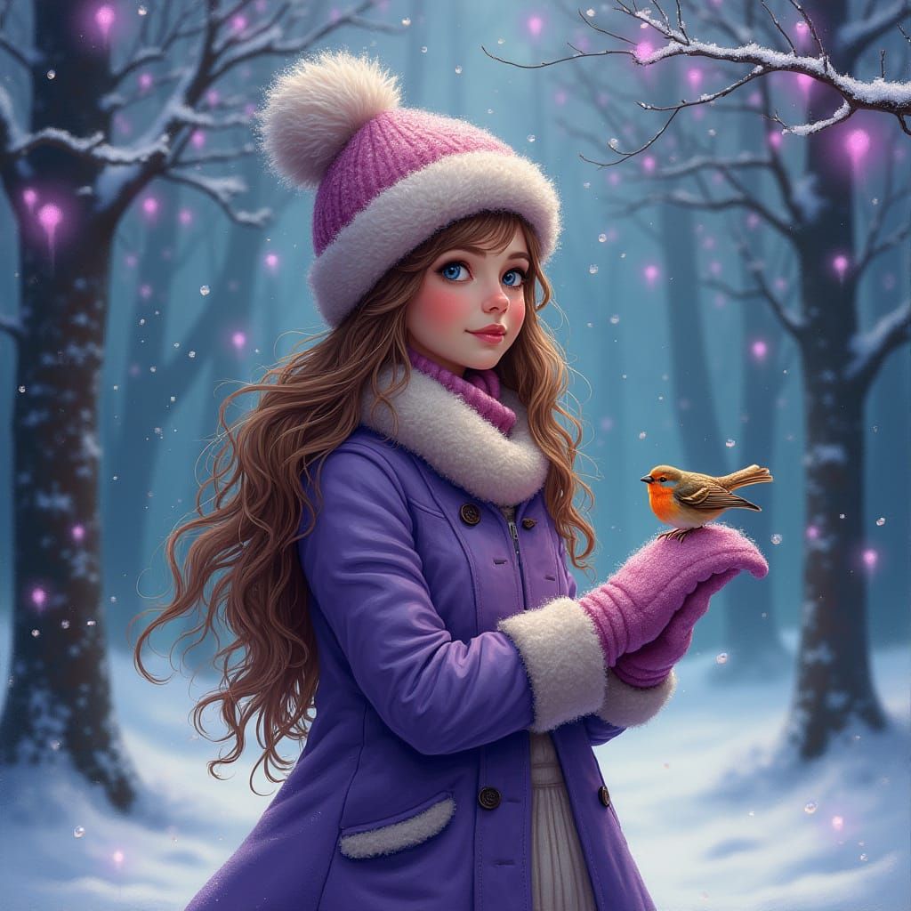 Winter Forest Scene with Woman and Bird