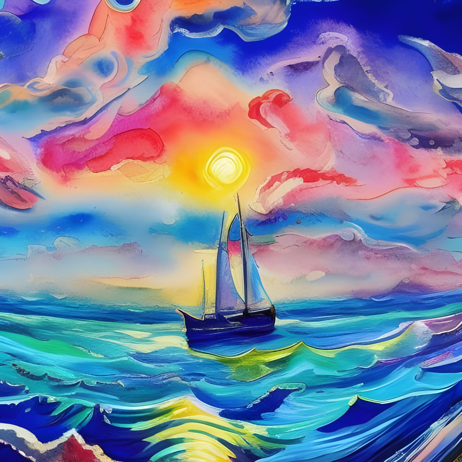 Sailing Ship in Gouache Style Impressionist Painting