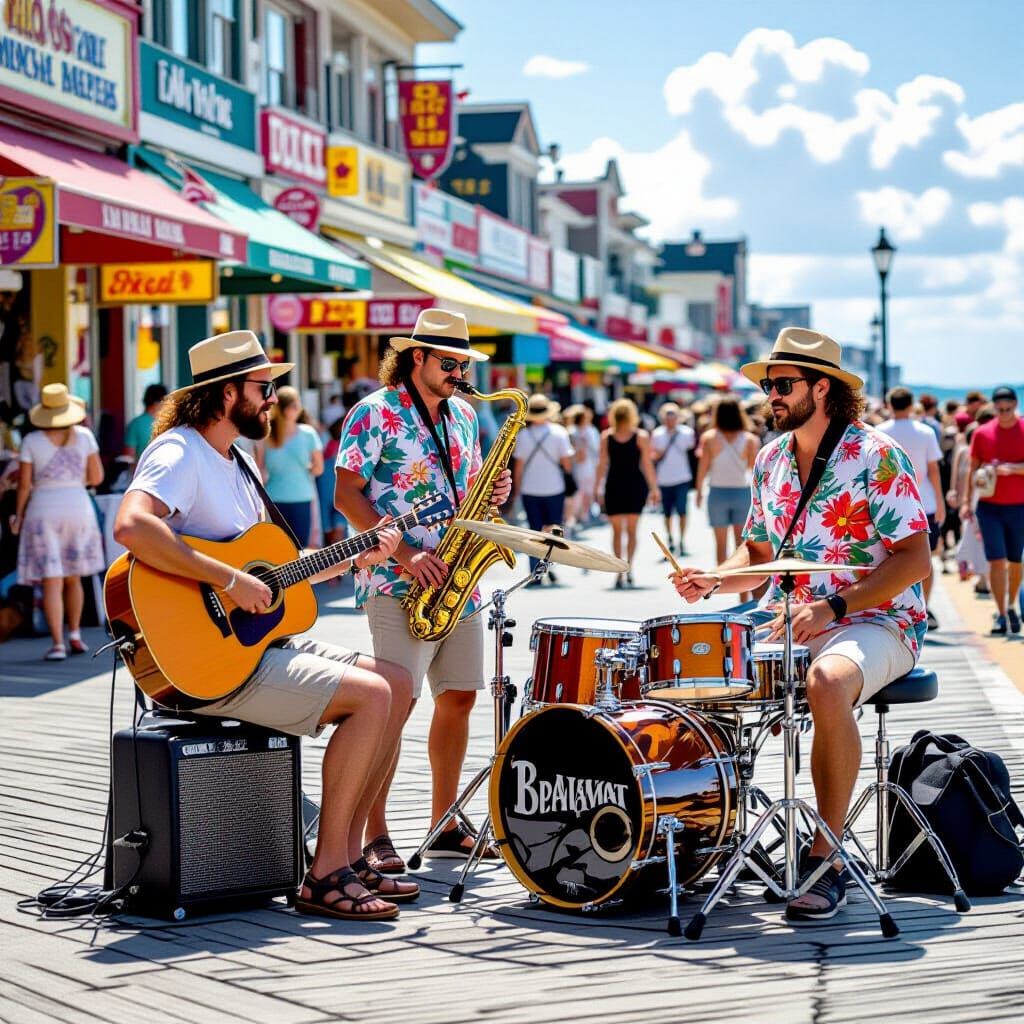 Musicians Jamming on a Vibrant City Boardwalk
