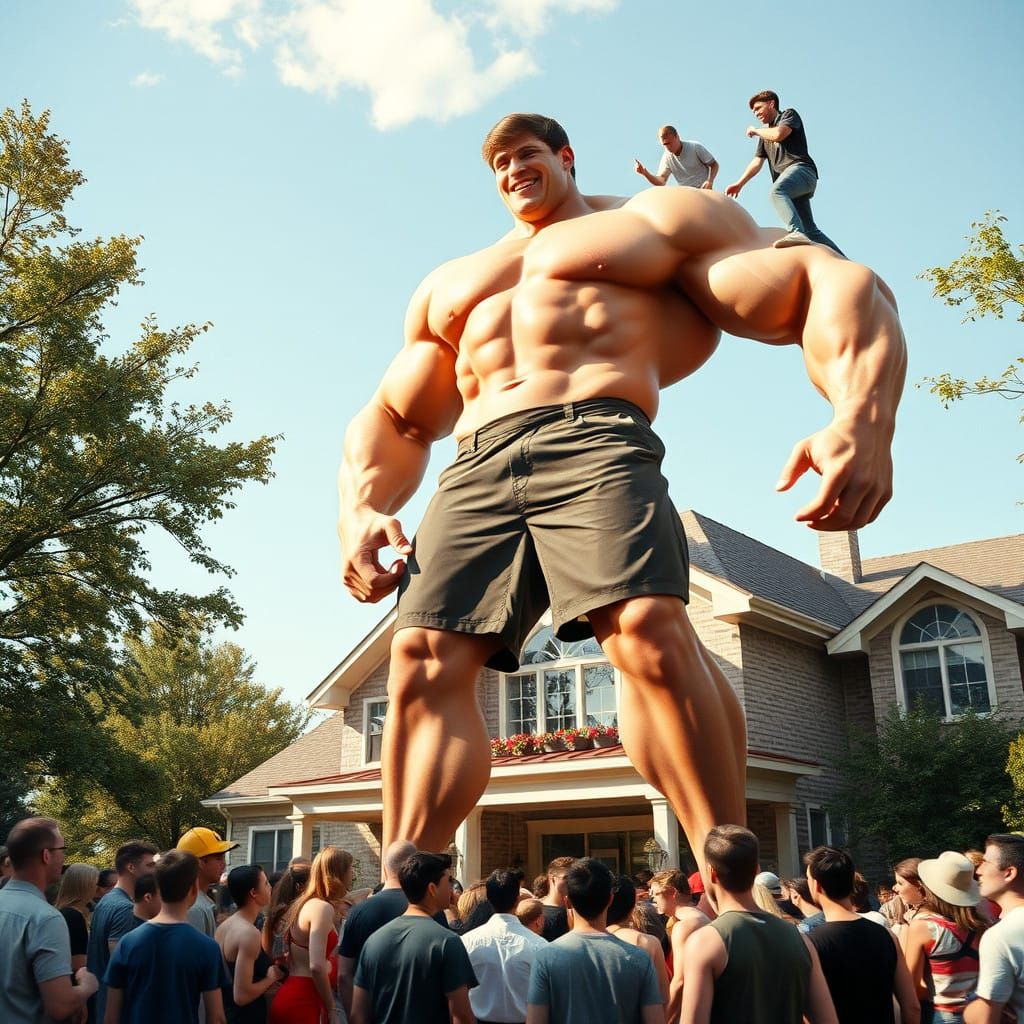 Gigantic Bodybuilder Towers Over Frat Party in Vibrant Colle...