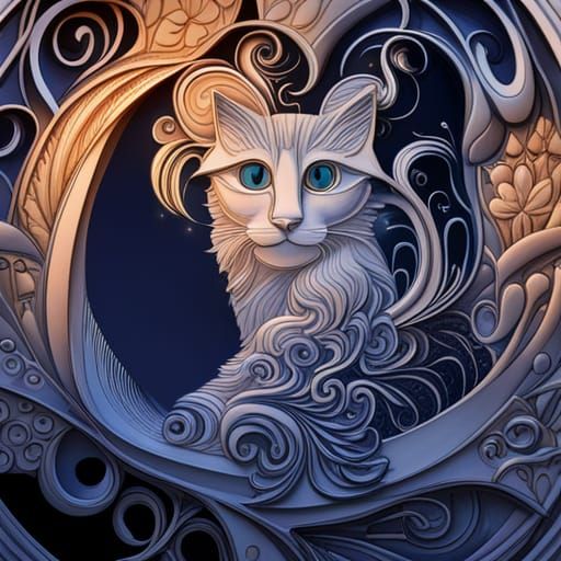 Detailed Cat Portrait Carving in Art Nouveau Style