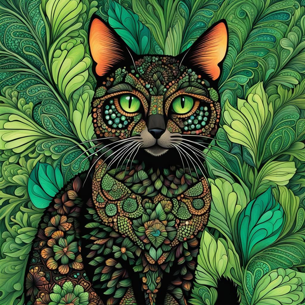 Zentangle Tortoiseshell Cat with Green Eyes