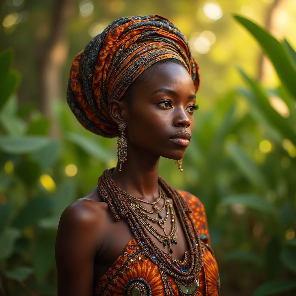 African Mother in Traditional Dress Amidst Greenery