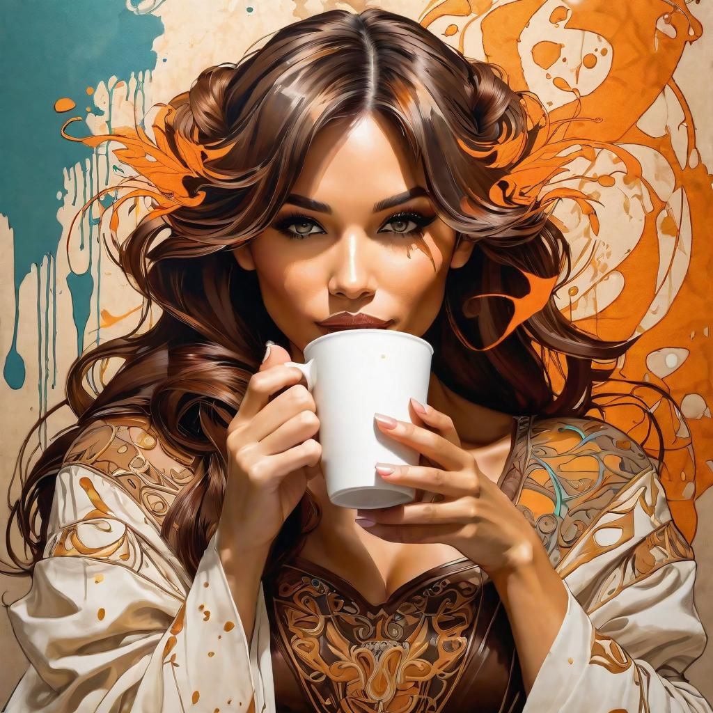Art Nouveau Coffee Drinker with Graffiti Background