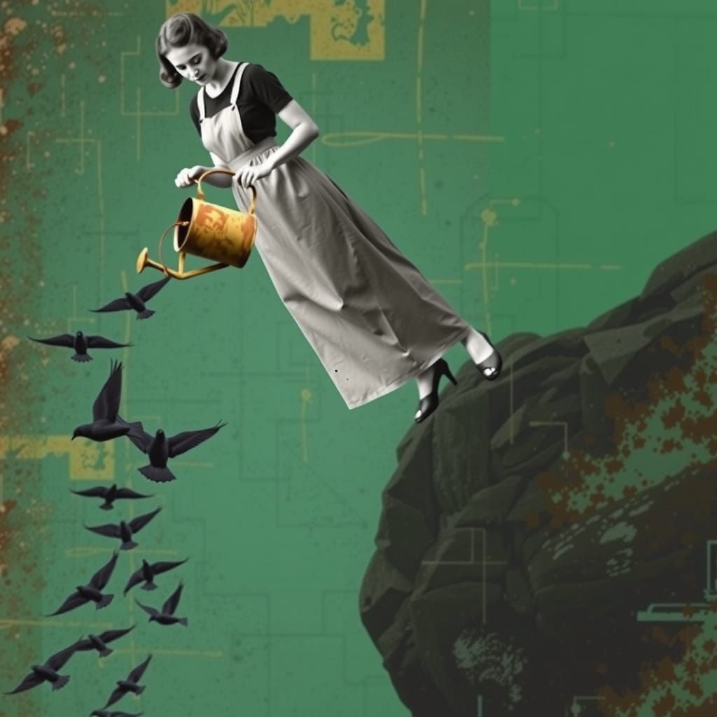 Vintage Collage: Woman, Birds, and Watering Can in Pop Art S...