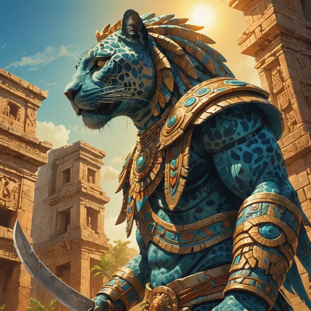 Sun God Warrior in Majestic Mesoamerican Ruins