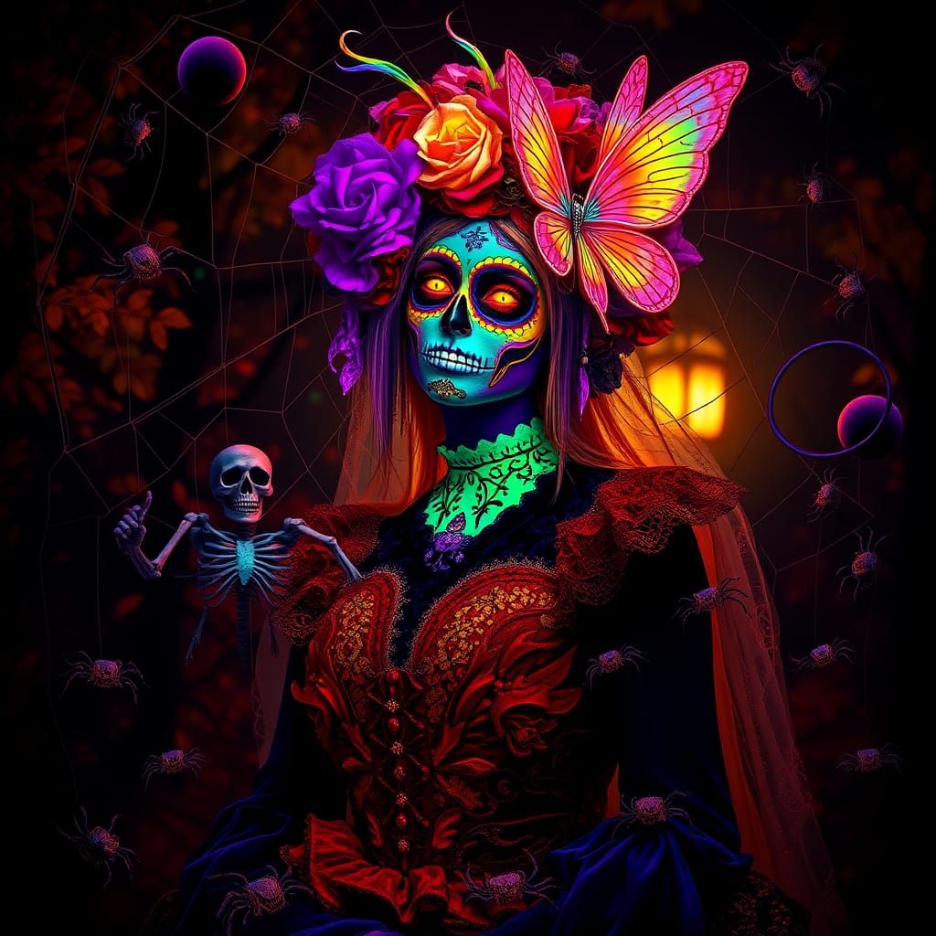 Dia De Muertos Woman in Surreal Halloween Scene