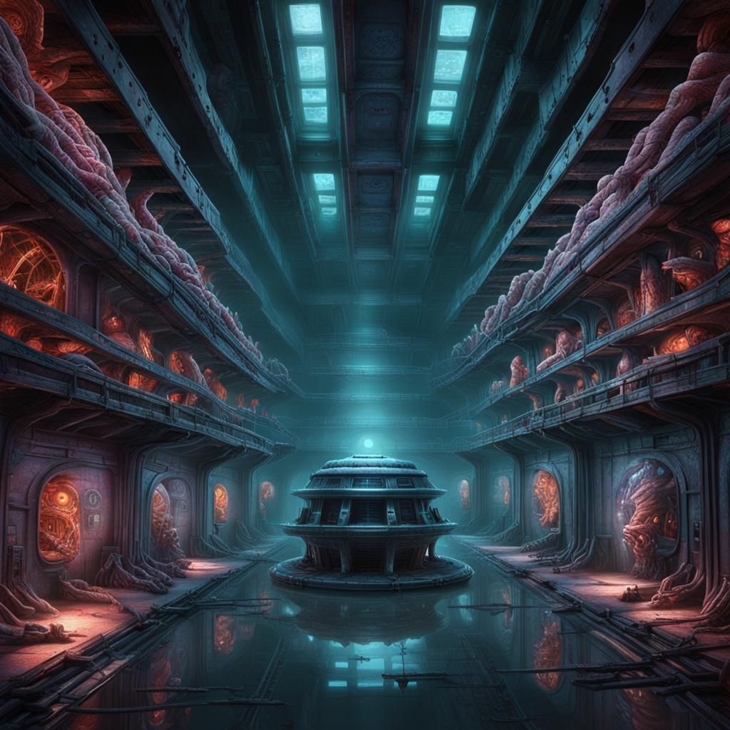 Alien Base Nightmare Hall in Surreal Sci-Fi Art
