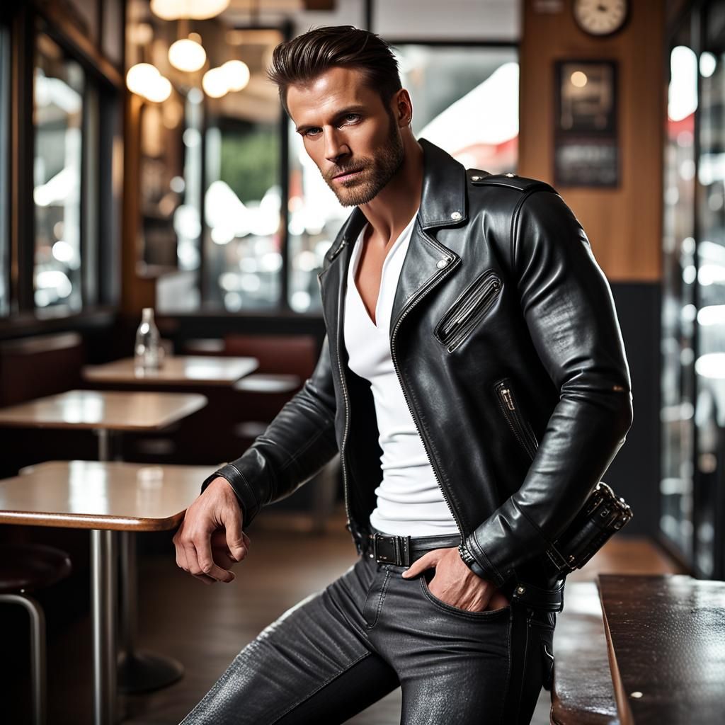 Handsome masculine and muscular man. He’s wearing a dark, sh...