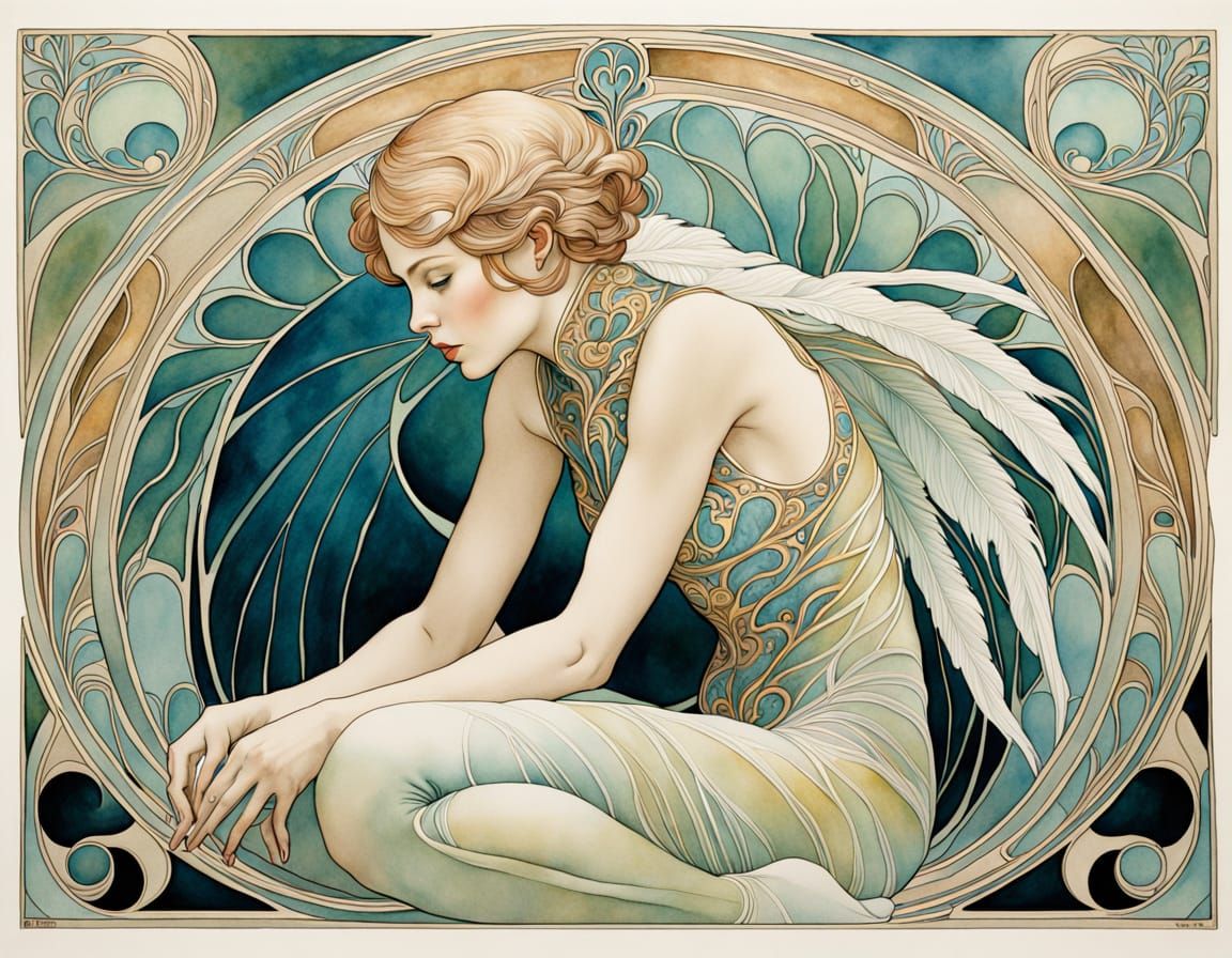 Serene Art Nouveau Anatomical Study in Watercolor