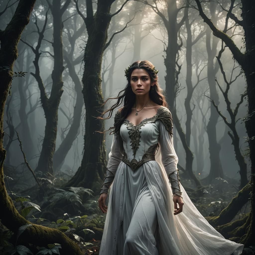 Brunette Elf in White Dress, Dark Forest