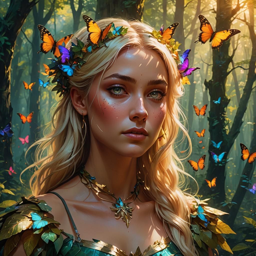 Blonde Girl in Lush Forest: Fantasy Oil Painting