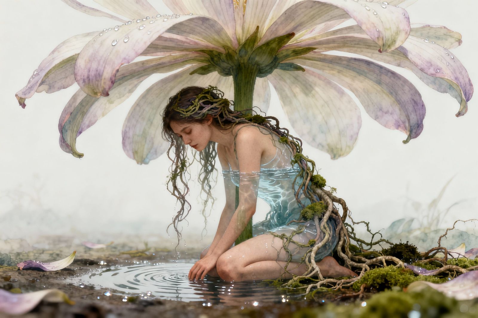 Woman Under Giant Flower Shelter, Surreal Naturalist Style