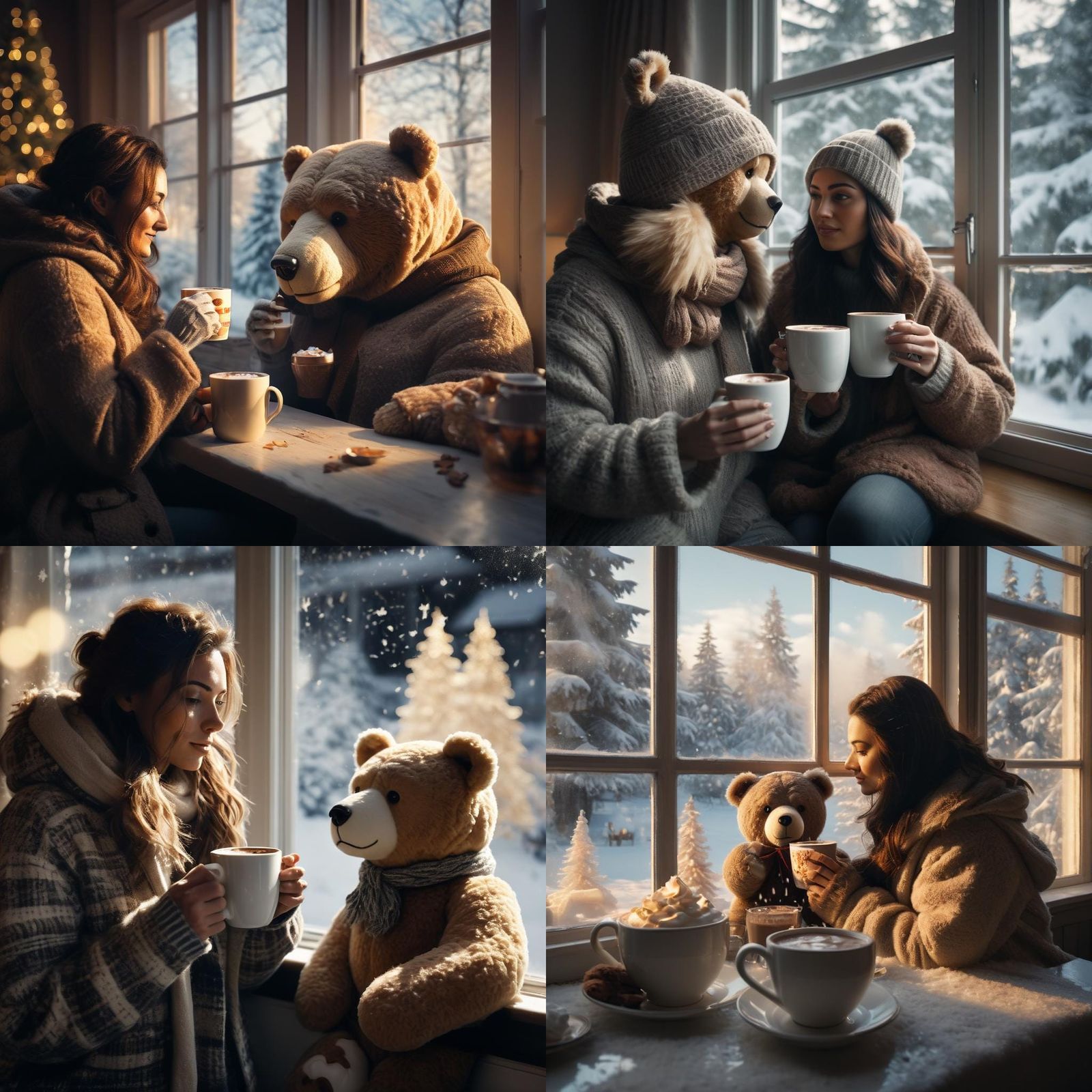 Giant Teddy Bear Drinks Hot Chocolate in Winter