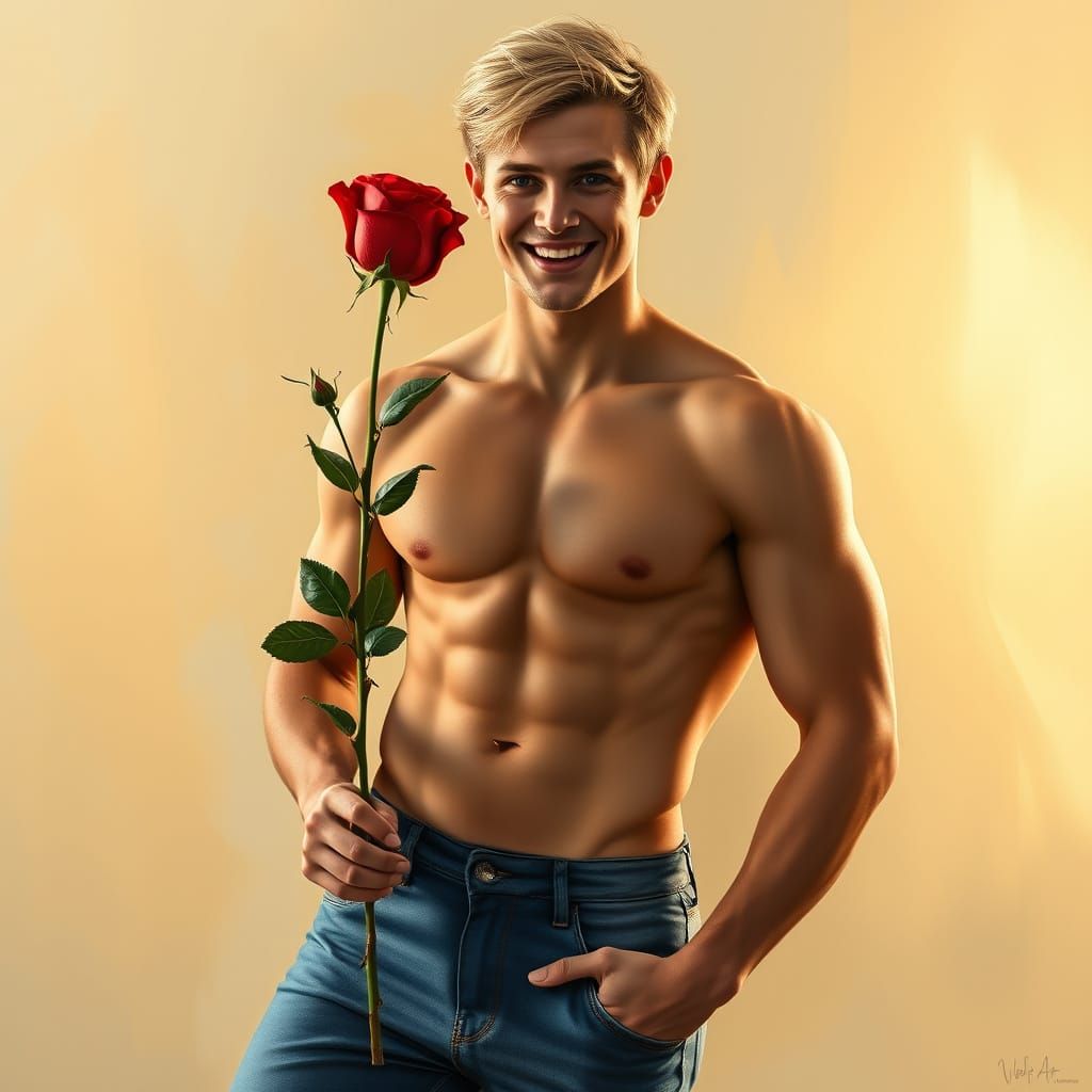 Charming Beefcake Holds a Rose in a Digital Masterpiece