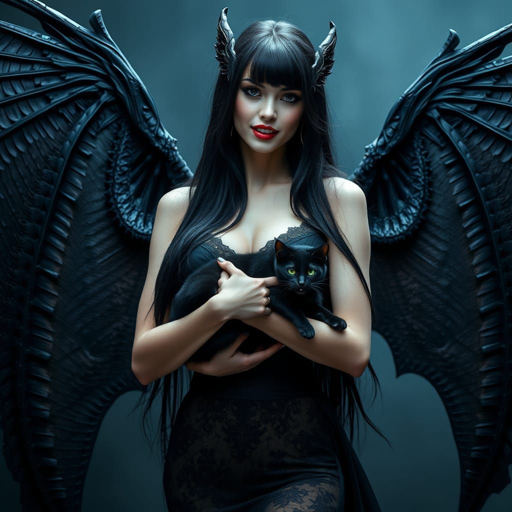 Ethereal Vampire Goddess with Dark Dragon Wings and Gothic E...
