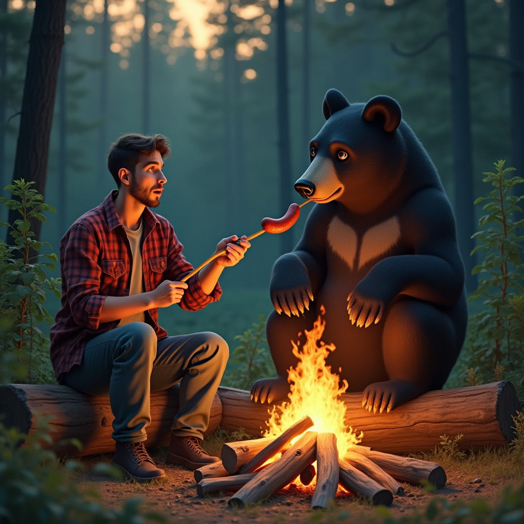 Camper and Bear Share Campfire at Dusk