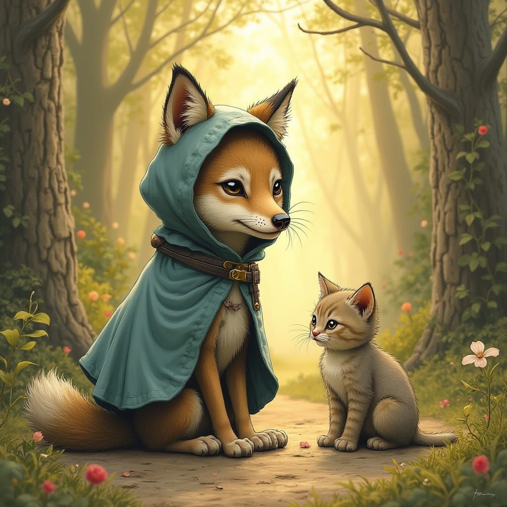 Whimsical Woodland Encounter in Imaginative Realism Style
