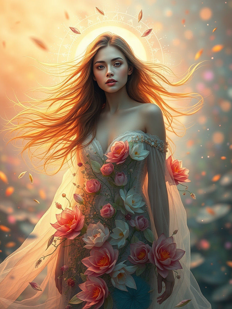 Woman in Floral Gown Amidst Whirlwind