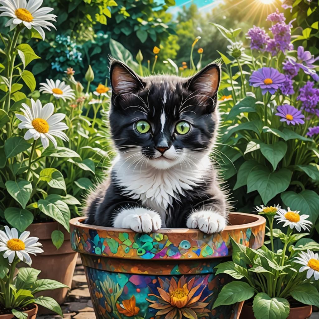 Kitten in Flower Pot: Cosmic Astral Illustration
