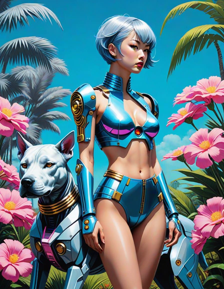 Cyberpunk Goddess in Synthwave Tropical Paradise