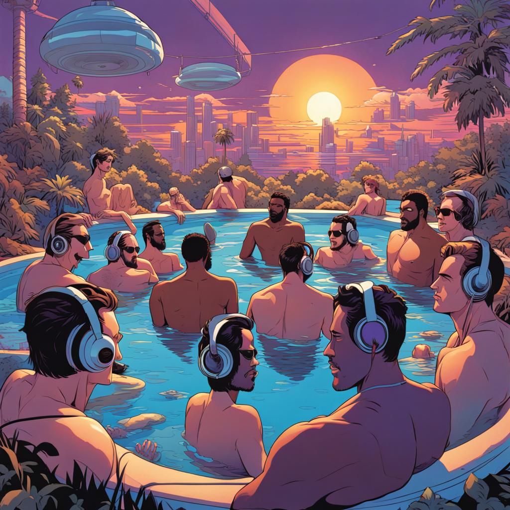 Men Relaxing by the Pool in Comic Book Style