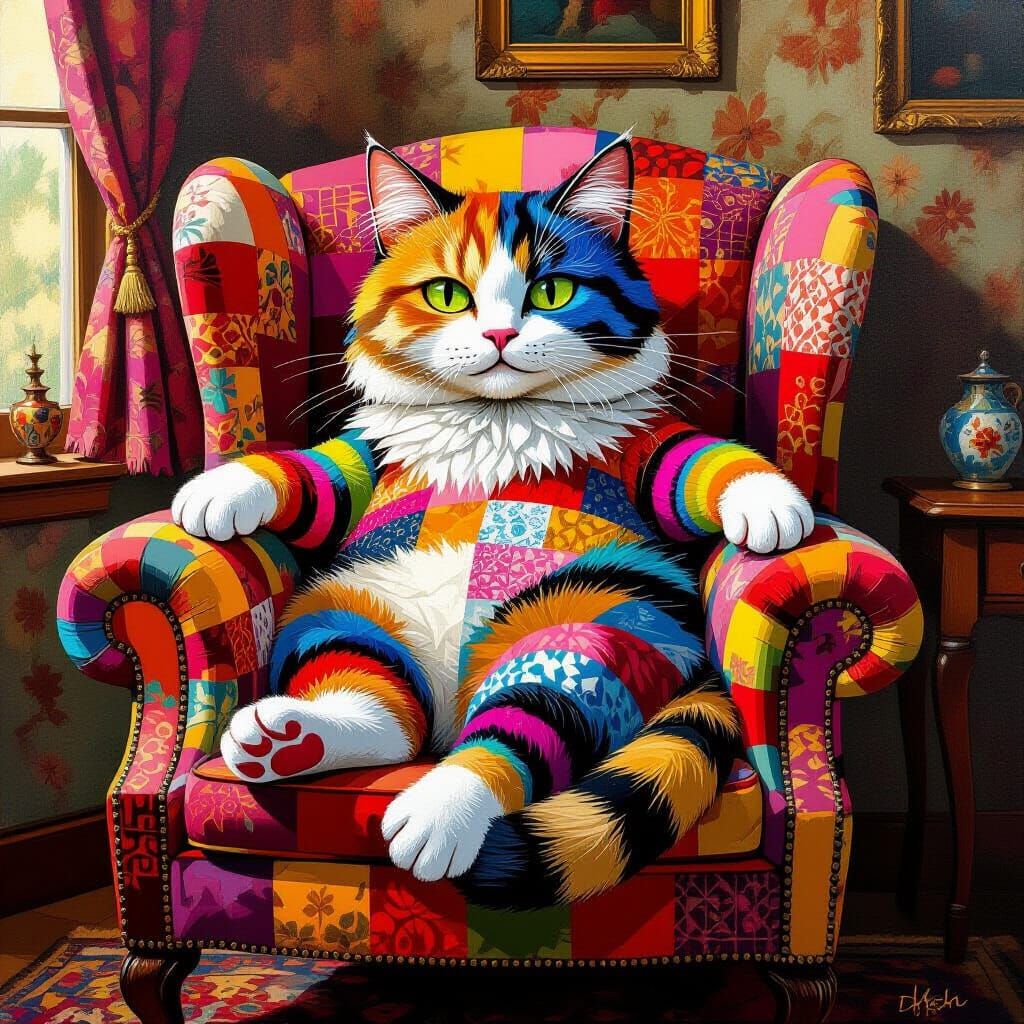 Surreal Patchwork Cat in Cozy Armchair