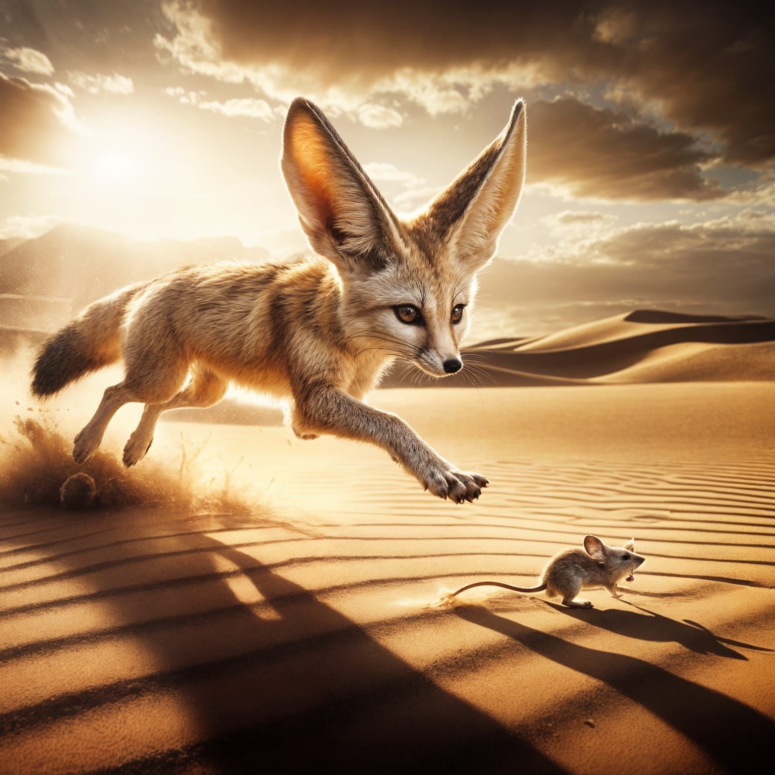 Fennec Fox Hunting Mouse in Desert, Vintage Photography