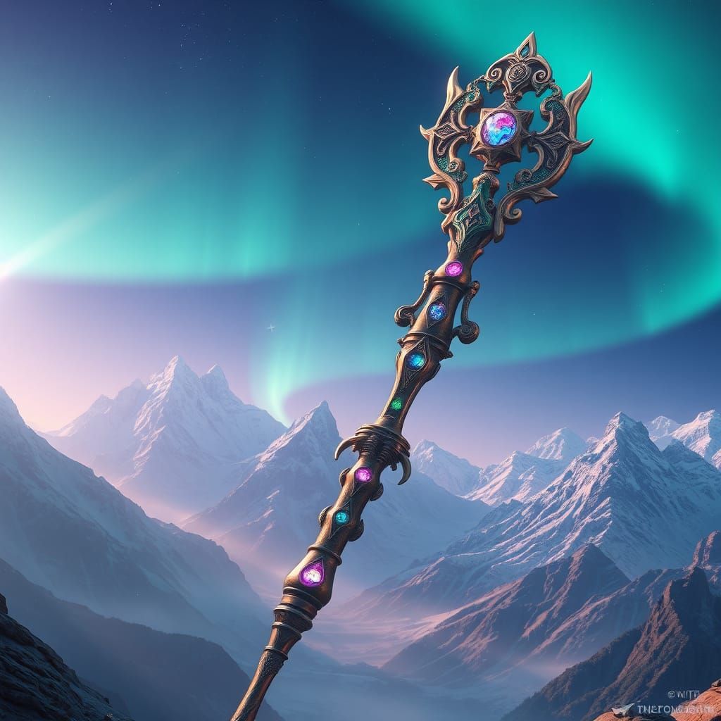 Divine Staff with Mystical Runes, Cinematic Landscape