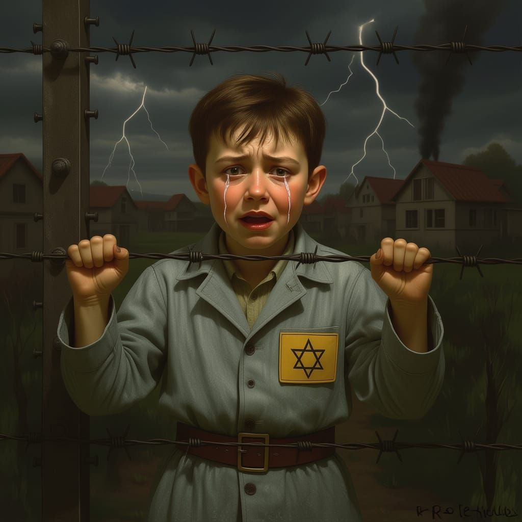 Boy in Prison Uniform Gazes Beyond Barbed Wire Fence