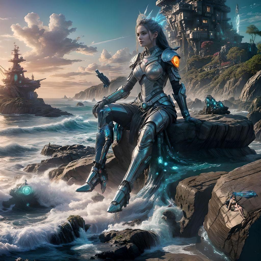 Cyberpunk Maid with Weapon on Sea Rock