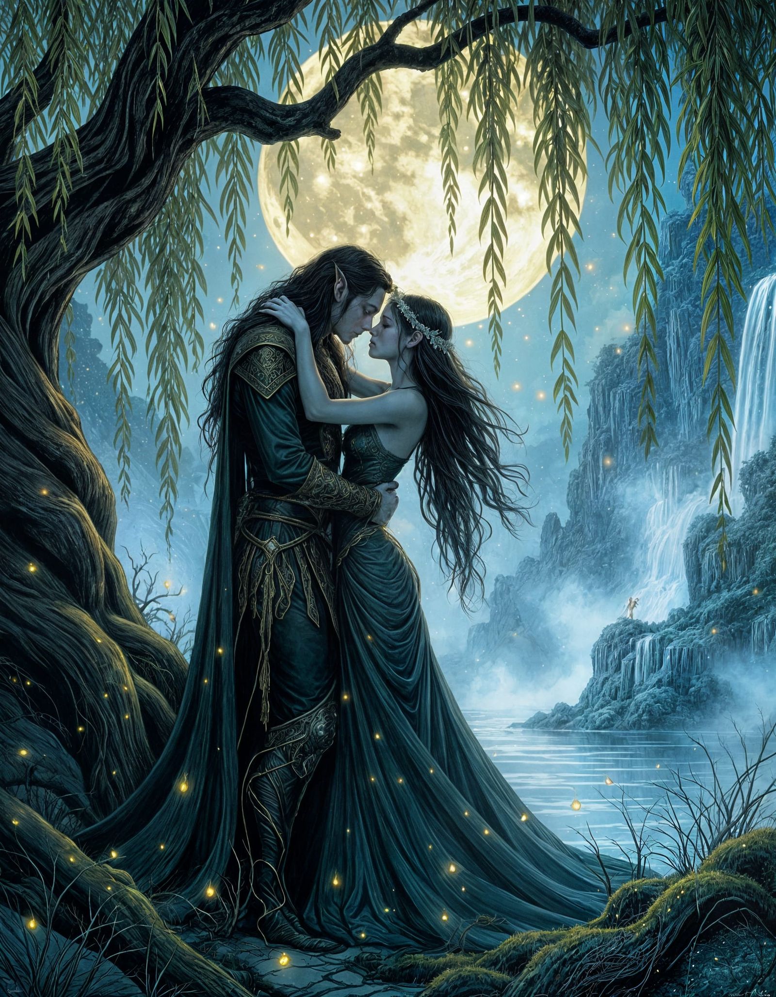 Elvish Lovers Beneath Willow Trees in Pen-and-Ink Style