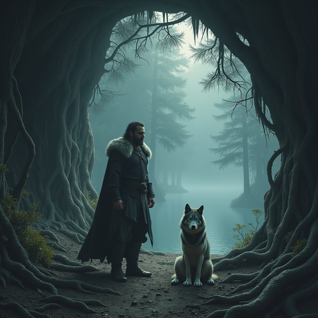 Mystical Cave Dweller with Wolf Companion