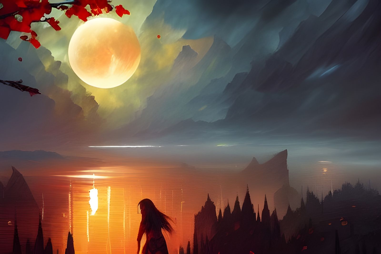 Eyes Crying Fire Under Blood Moon in Fantasy Art