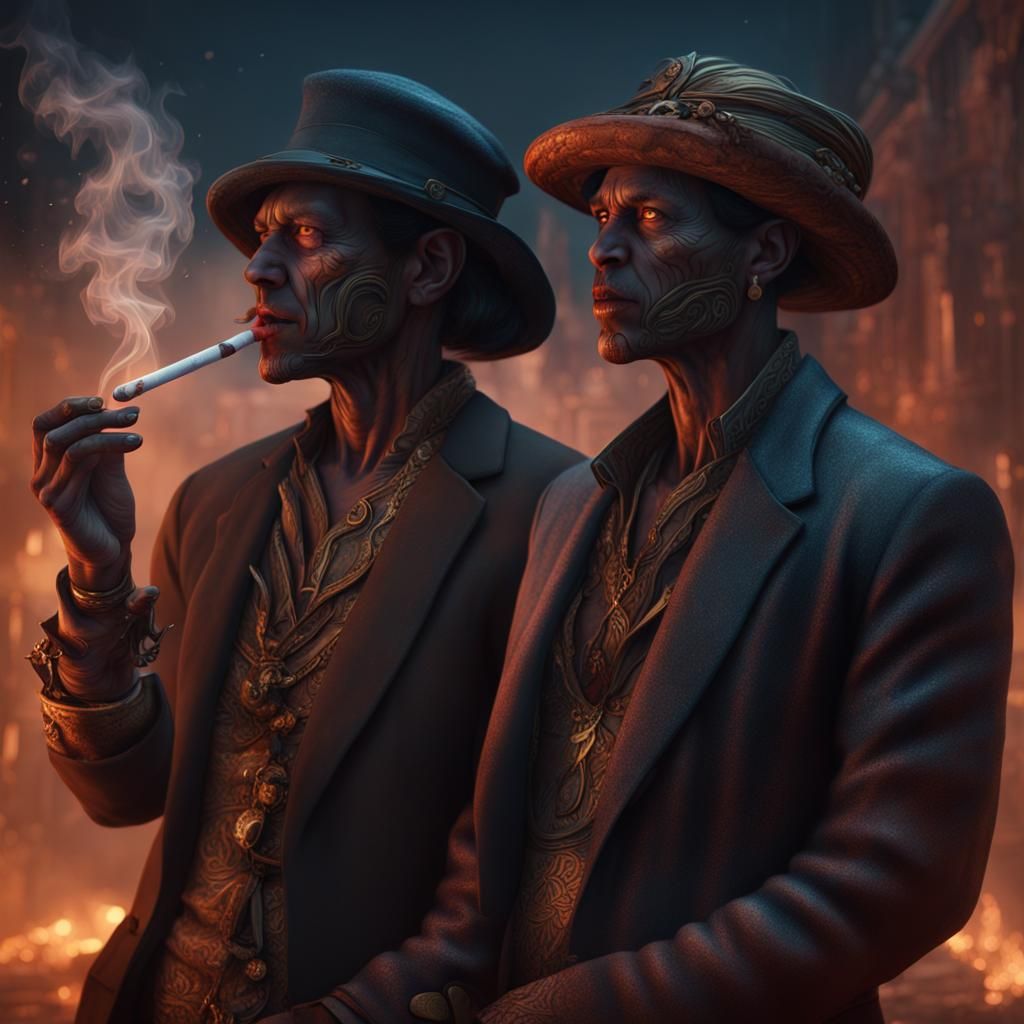 Dark-Faced Figures Smoking: Detailed Fantasy Art