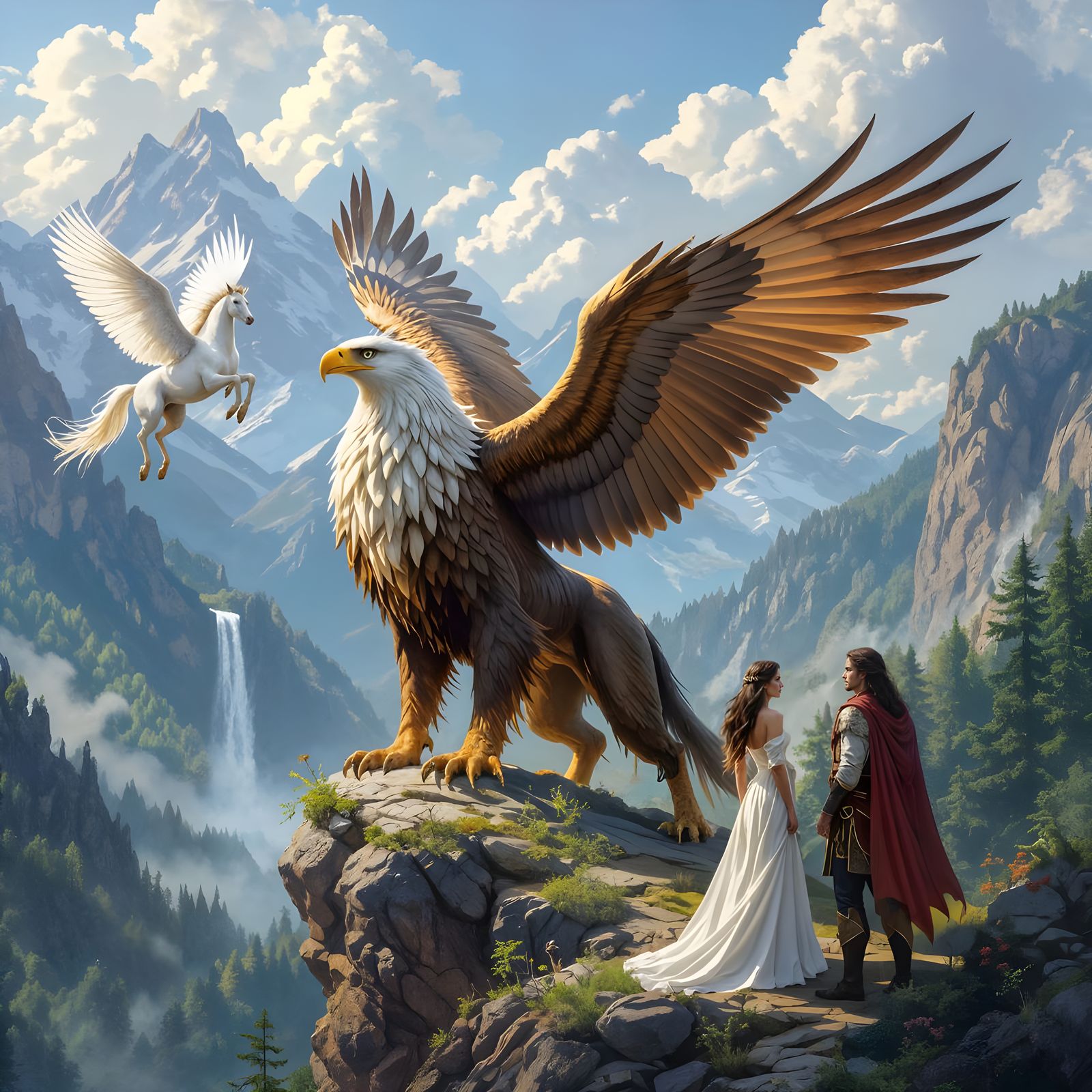 Griffon, Pegasus, Man and Woman on Mountain