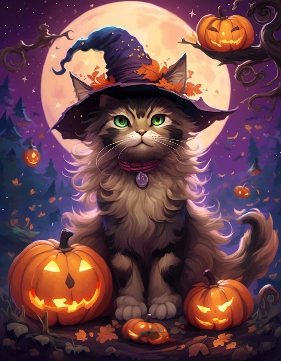 Halloween Tortoiseshell Cat with Ghosts and Pumpkins