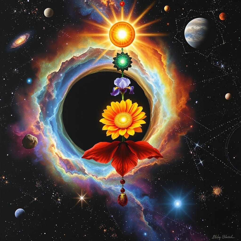 Cosmic Chakra System with Vibrant Flowers in a Starry Galaxy