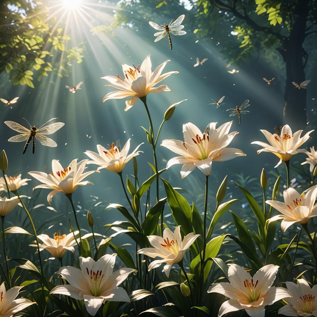 Lilies and Dragonflies with Divine Light, 3D Rendered