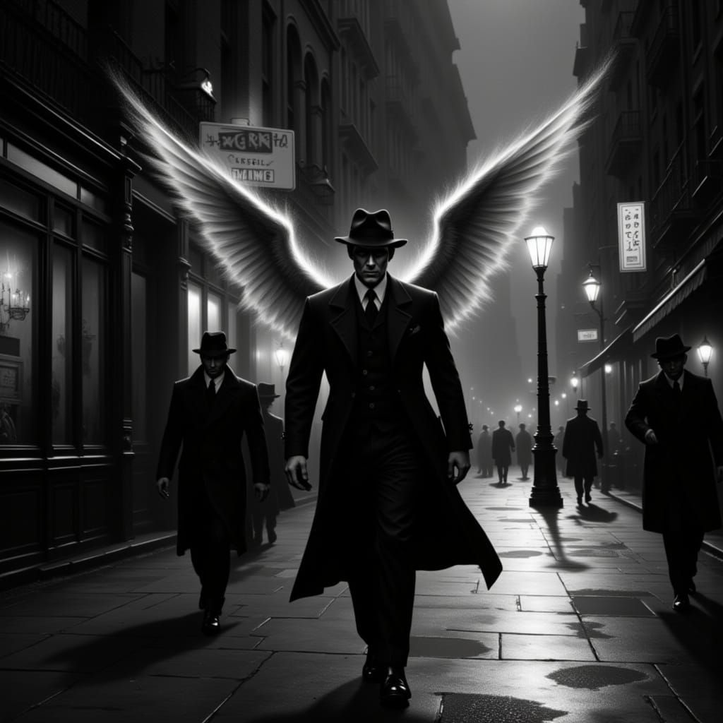 Winged Angel in Noir Cityscape