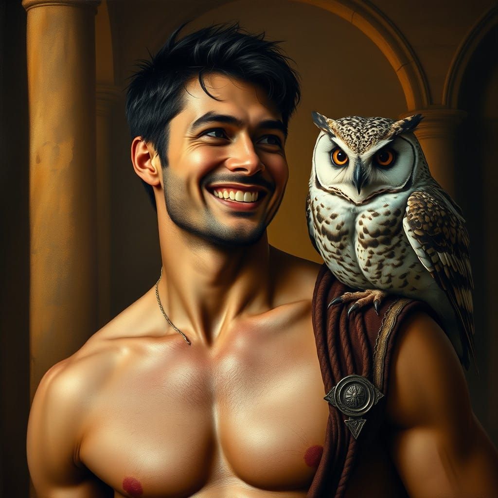 Charming Gladiator Befriends Owl in Ancient Roman Setting
